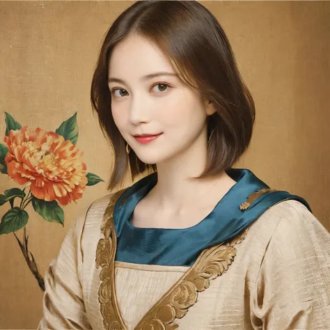 290 (20-year-old woman,Short Hair) , (A kind smile) , (palace), (colorful), (Leonardo da Vinci paintings), flower, Mechanical Engineering Background