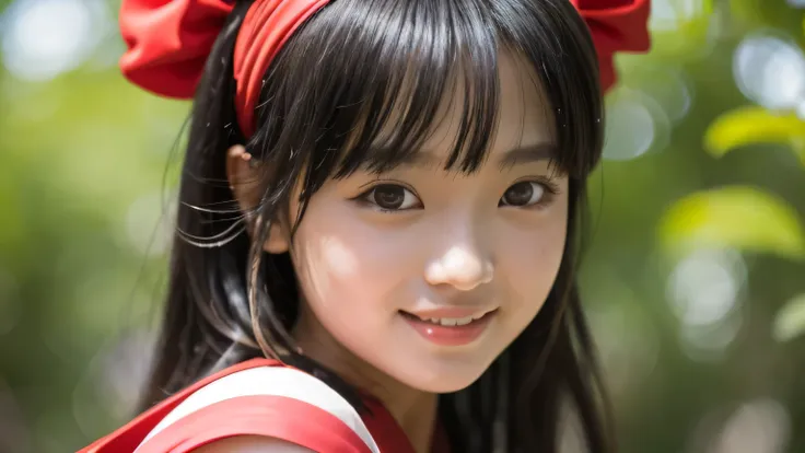 nakorurums,
red bow,
bow,
red hairband,
hairband,
hair fringe,
long hair,
ainu clothes,
fingerless gloves,
short sleeves,
a close up of a person in a costume holding a knife,
kunoichi,
katana zero video game character,
amaterasu,
skin pores texture,
cute,
...