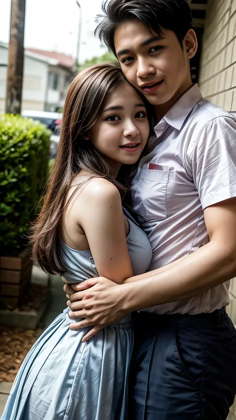 1girl , 1boy,, hug each other,female high-school student，white student uniform，huge tit，blush,large breast,jk ,sex