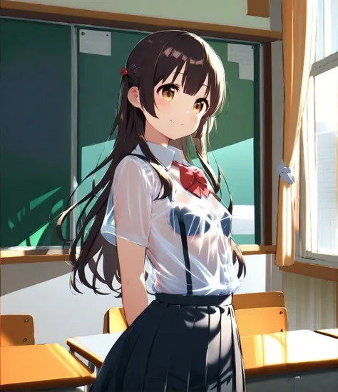 (loli:1.8), young female , small breasts, teacher clothes , translucent clothes , standing, waiting, smiling , in the classroom,...