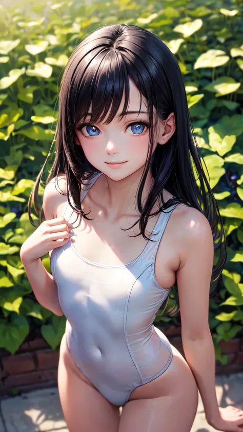 ((masterpiece,best quality,ultra detailed,high resolution)),looking viewer,(solo),cowboy shot,woman,light-smile,black_hair,(beautiful detailed face,beautiful detailed eyes,fair skin),((skinny,narrow waist)),(white swimsuit,school-swimsuit),on the garden,sm...