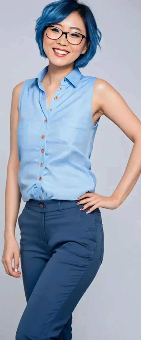 A tall sexy Japanese Asian woman with beautiful happy confidence and short bright blue hair and orange eyes with glasses and she wears a light blue sleeveless button-down shirt showing her belly button and underneath dark blue pants and she is wearing red ...