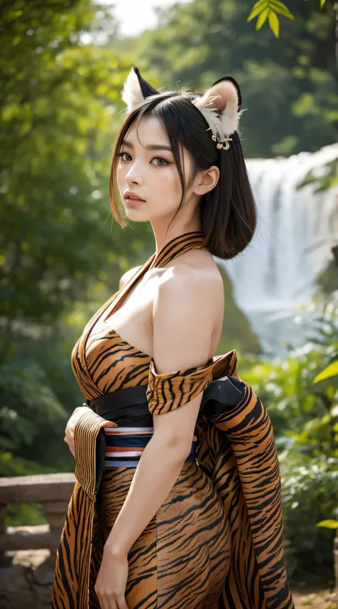 ア）Create an ultra-realistic 8K vertical image of a female character inspired by a saber-toothed tiger, retaining the saber-toothed tiger’s iconic physical traits while transforming her into the ultimate beauty. Her piercing eyes radiate strength and elegan...