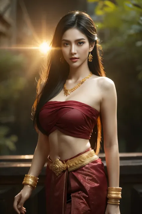 Beautiful girl ,Thai female warrior, walking at thai measure, Dynamic pose, Thai dress, Strapless shirt, Long hair,Black eyes,Abdominal muscles, plumpy body, rounded breast, (Big Breasts:1.3), Segregation, morning sun, Eyes fixed on the audience, (Sexy pos...