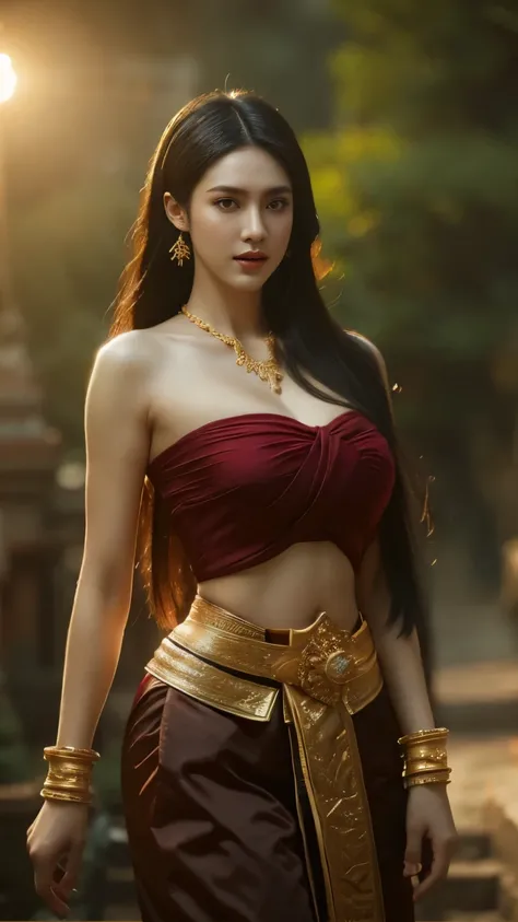 Beautiful girl ,Thai female warrior, walking at thai measure, Dynamic pose, Thai dress, Strapless shirt, Long hair,Black eyes,Abdominal muscles, plumpy body, rounded breast, (Big Breasts:1.3), Segregation, morning sun, Eyes fixed on the audience, (Sexy pos...