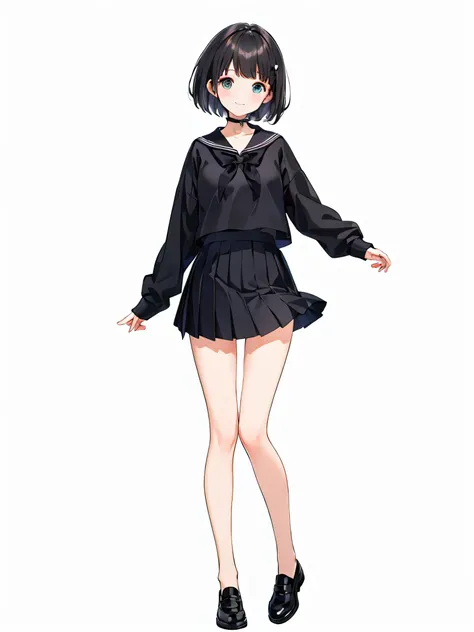 Full body ,dynamic Standing ,(realistic:1.37)、Full body ,(Masterpiece), ((((best quality))) , (((very detailed))) , (((Masterpiece))) , 1 girl, cute, , smile, Look at the viewer., JK, 1 girl, alone, short hair, look at viewer, skirt, shirt, black hair, gag...