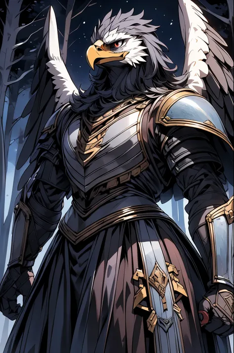 Eagle Monster. Equipped with European-style armor, the eagles fur is a dark maroon color. The armor color is silver. The background is a forest at night. The night sky is dark blue.