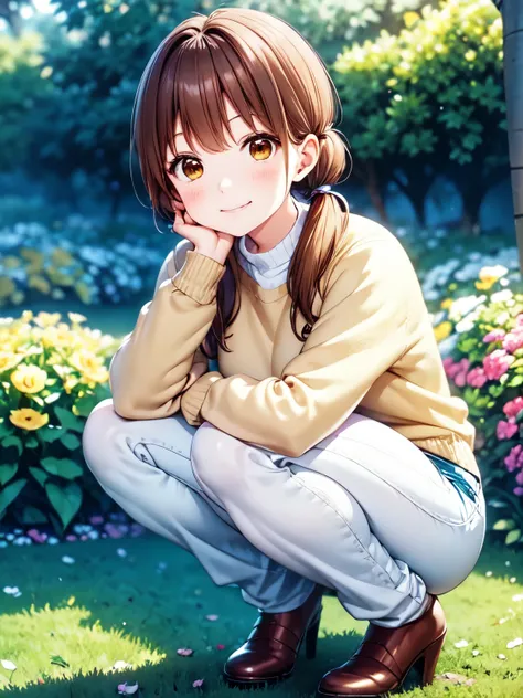 tabletop, best quality, and soul、and soulイラスト風, laughter、cream colored sweater、garden、closed mouth、long sleeve jeans、uniform、one...