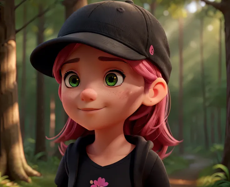 a girl,black shirt,pink hat,walking in forest,detailed facial features,detailed clothing,cinematic lighting,professional photography,highly detailed,8k,photo-realistic,vibrant colors,warm lighting,lush greenery,natural environment,peaceful atmosphere