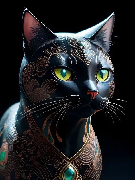 a close up of a cat statue on a black surface, cloisonne cat head sculpture, by Kanō Tanyū, cloisonne, stunning and rich detail, beautiful detail and color, cloisonnism, very intricate, beautifully painted, elegant. highly detailed, very very intricate, by...