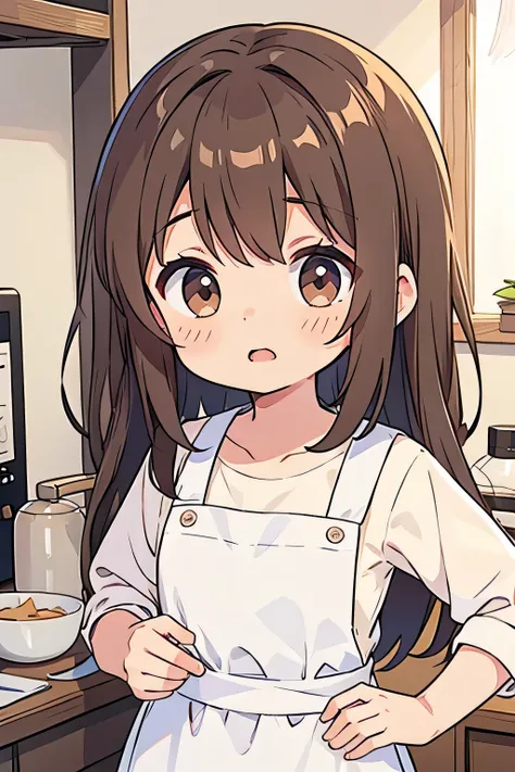 Brown Hair、Long Hair、White apron、Surprised face white shirt