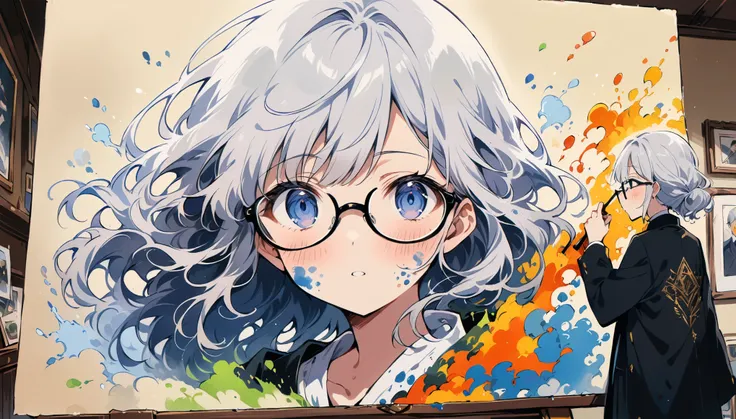 (One girl, Wearing glasses, face), アーティストはスタジオで円形の金属フレームのWearing glasses。, Carefully adjust the colors on the canvas. The edges of the glasses are a little dirty with paint., whole body, (photograph), Panoramic View, Award-winning, Movie stills, Emotional,...