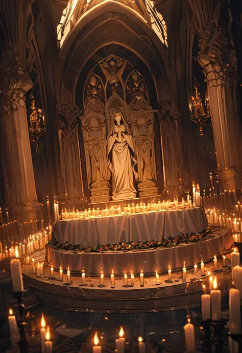 interior of a roman church gothic era, zoomed in up close to a praying altar with candles arranged in a set at the middle of the altar next to the feet at the bottom of a large stone statue of a roman goddess, dimly lit room with candle light, seen at an a...