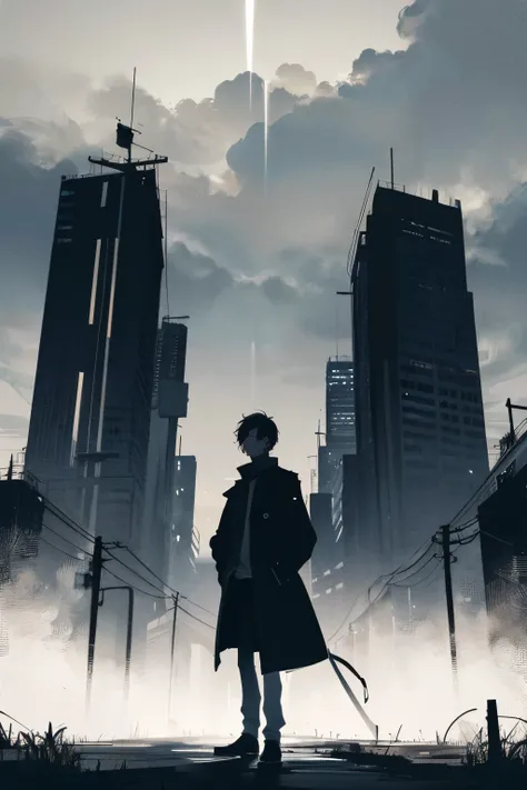 Black simple tone，A man，One hand in pocket，One-handed sword，Stand right in the middle，whole body，Behind him are shadow tentacles spreading like a hurricane，shadow，Silhouette，Black rain falls from the sky，dark cloud，Dark and depressing atmosphere
