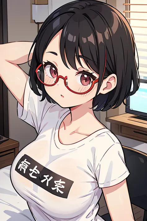 Short black hair、Red frame glasses、woman、Waking up、Big Breasts、White T-shirt、I&#39;m yawning in my sleep.、Bed-headed hair