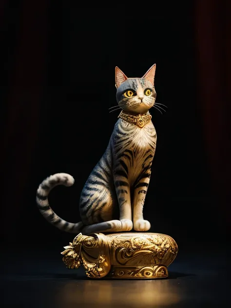 ornate cat sculpture, intricate design, blue and gold patterns, luxurious appearance, sitting pose, detailed craftsmanship, smooth finish, elegant and regal, dark reflective background, artistic lighting, distinctive art piece