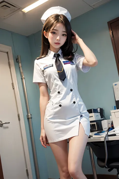 Small breasted girl,Hospital nurse,Flat Chest,Slender body,Knee,White uniform,Tie your hair back,