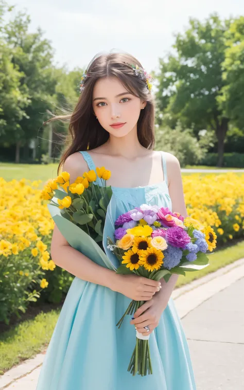 masterpiece, Best Quality, 8K, 1 girl, holding a Bouquet of colorful many flowers, neat and clean beauty