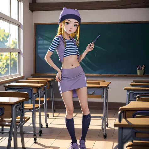 (masterpiece, best quality), 1girl, izumi orimoto, indoors, classroom, green eyes, blonde hair, long hair, purple beanie, purple...