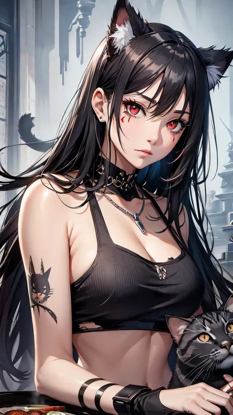 最high quality、Best image quality、masterpiece、and((Japanese、cute、1、Best Bust、Long Hair、Big Bust、Open your chest wide,Black Hair、thin、The highest valley、Show the whole body、Tattered Tank Top、Tattered Jeans、Red Eyes、Full body red paint、Red nail polish、Psychop...