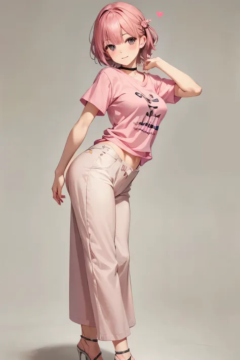 High resolution, masterpiece, Anatomically correct, Best Quality, One girl, smile、Blushing、Short Hair、Large, wide eyes、Smaller breasts、Small breasts、Pink Hair,Choker、Heart symbol、Shooting from behind、backを向けている、back、Simple Background、Long trousers、T-Shirts...