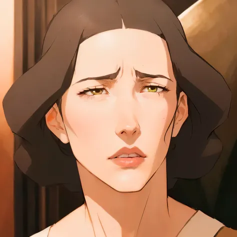 a close up of a person with a very sad look on their face, the goddess hera looking angry, the godess hera looking angry, anya from spy x family, style of satoshi kon, brittney lee, & her expression is solemn, patrick nagel, but a stern look about her, sat...