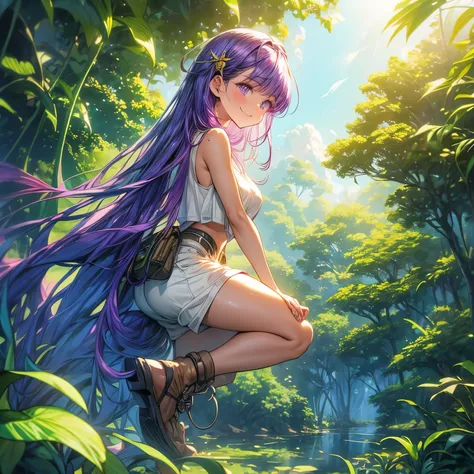 4k, HDR, full HD, Masterpiece, 1girl, long purple hair, perfect anatomy, full body, A young woman explores the high jungle of Mexico, surrounded by lush tropical vegetation. He wears a light outfit: a white cotton tank top and khaki shorts, suitable for wa...