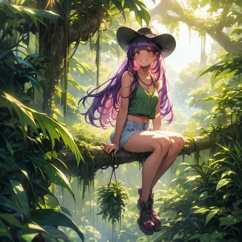 4k, HDR, full HD, Masterpiece, 1girl, long purple hair, perfect anatomy, full body, A young woman explores the high jungle of Mexico, surrounded by lush tropical vegetation. He wears a light outfit: a white cotton tank top and khaki shorts, suitable for wa...