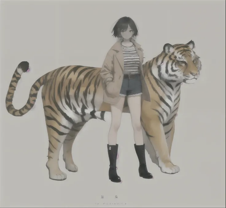 Woman and tiger、Standing、whole body、Short Hair、jacket、Striped Shirt、Shorts、boots