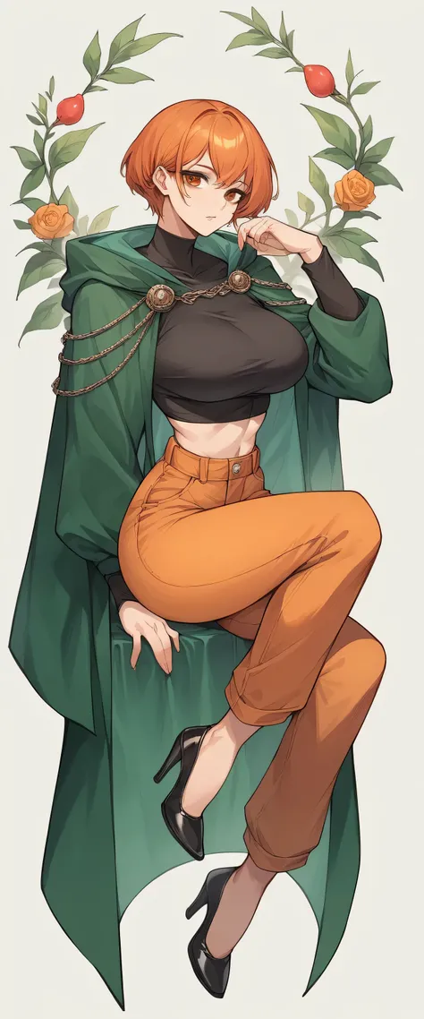 A tall girl with big breasts, beautiful, sexy, beautiful, short straight orange hair with bangs, her brown eyes and she wears a black crop top with long sleeves, high waisted orange pants, wearing a green cape that flows over her shoulders, tied in a knot ...