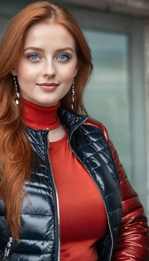 hyperrealistic beautiful busty 1 women in red longsleeve croptop with shiny metallic puffer-jacket and leather leggins, model shooting full body photography, natural redhead very long straight hair, dark eye makeup with eyeliner, seductive smile, small nec...