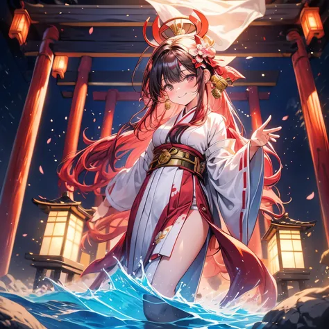 4k, HDR, full HD, Masterpiece, 1girl, long purple hair, perfect anatomy, full body, wears a traditional white kimono with red and gold details, typical of miko (priestesses) in Japanese temples. The kimono has long, wide sleeves, and is tied with a red obi...