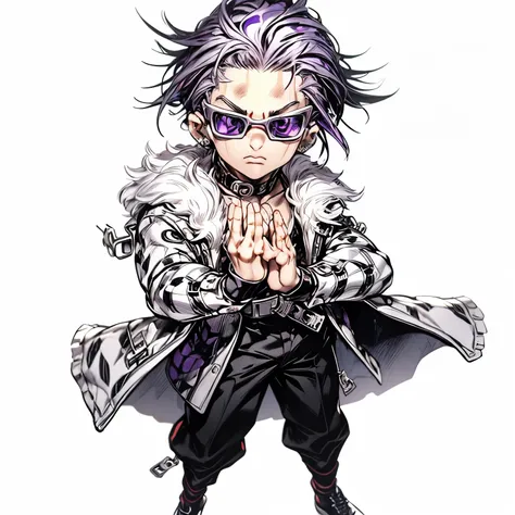 masterpiece, best quality, extremely detailed CG unity 8k wallpaper, black pants, boy, anime character, muscular muscles, white leopard print coat with white fur, chibi character, all back, purple hair, big piercing eyes, sunglasses, Raise your hands