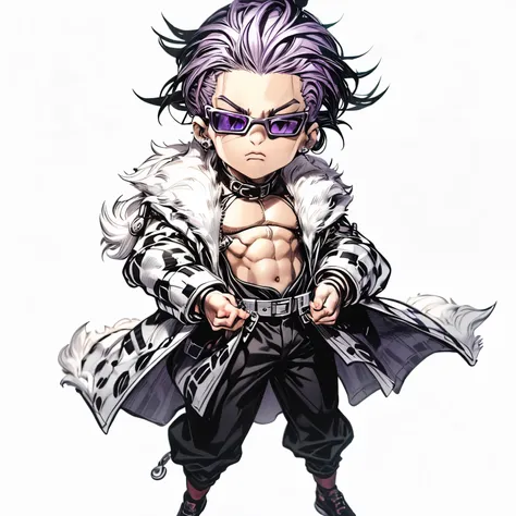 masterpiece, best quality, extremely detailed CG unity 8k wallpaper, black pants, boy, anime character, muscular muscles, white leopard print coat with white fur, chibi character, all back, purple hair, big piercing eyes, sunglasses, Raise your hands