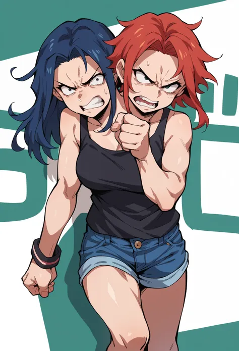 conjoined,   anime woman with two heads , different faces, different hair color, determined expression, , tanktop, denim shorts,street background