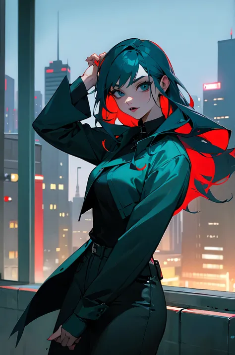 Female ,city background, Adult, Dark clothing, Vampire, Teal hair