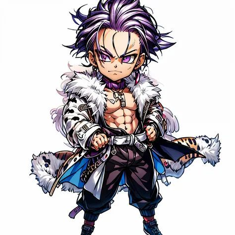 masterpiece, best quality, extremely detailed CG unity 8k wallpaper, black pants, boy, anime character, muscular muscles, white leopard print coat with white fur, chibi character, all back, purple hair, big piercing eyes, sunglasses, Raise your hands