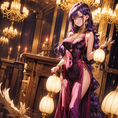 4k, HDR, full HD, Masterpiece, 1girl, (purple hair), perfect anatomy, full body, A twenty-five year old girl with long purple hair, dressed in an elegant red evening dress that accentuates her figure. The dress has lace details and sparkles under the party...