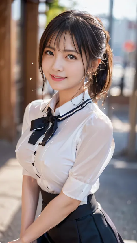 (Best Quality,masterpiece:1.3,Ultra-high resolution),(Very detailed,Caustics,8k),(Realistic:1.4,RAW shooting),1 girl,(Smiling and looking down at the camera),(View here)、cute,Japanese,Black short ponytail,(((Thin, tight-fitting uniform blouse))),((mini ski...