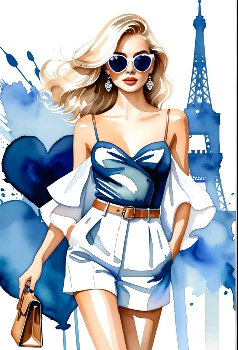 ((Watercolor style masterpiece with vector details)). | An illustration of a young fashionista with blonde hair, wearing heart-shaped sunglasses. The figure should be highlighted with a simple white background, isolated for a clear visual impact. The style...