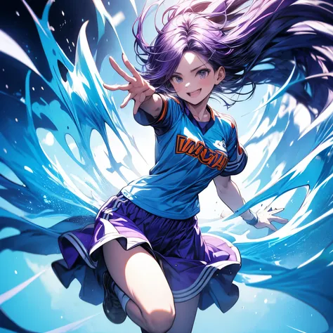 4k, HDR, full HD, Masterpiece, 1girl, (purple hair), perfect anatomy, full body, The girl in the image is wearing a sports uniform, specifically soccer. The jersey is orange with white and blue stripes, and has the number 14 visible on the front. His hair ...