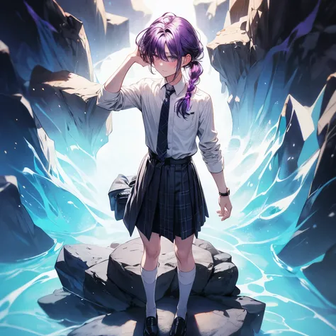 4k, HDR, full HD, Masterpiece, 1girl, (purple hair), perfect anatomy, full body, The image shows a character with long purple hair, wearing a white shirt with the sleeves rolled up, a dark tie, and a plaid skirt. The character is standing, with one hand co...