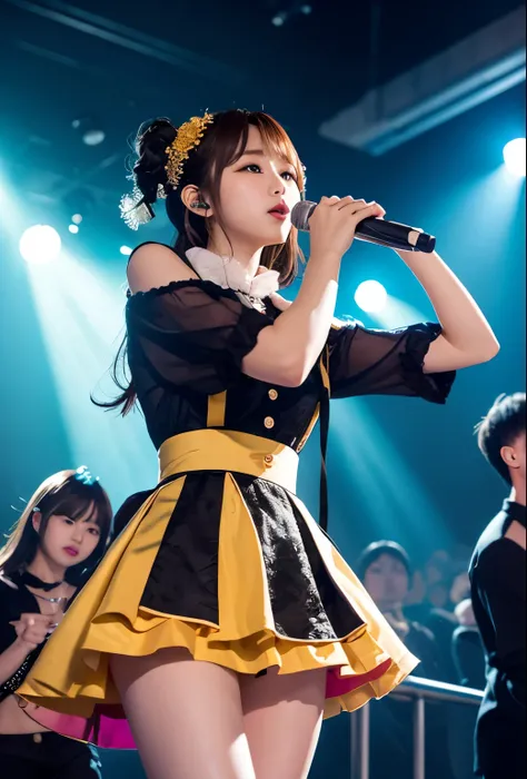 Above-the-knee skirt、Korean idol solo performance. 彼女は茶colorの髪をしていて、Wearing cute idol costumes. In the background、Live concert taking place with vibrant stage lights and cheering audience. The image must capture the essence of the live performance, Focusin...