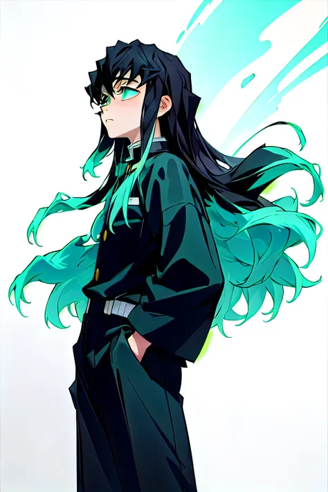 masterpiece, best quality, 1boy, muichiro,long hair, black hair, aqua hair, bangs, multicolored hair, sidelocks, long sleeves, a...