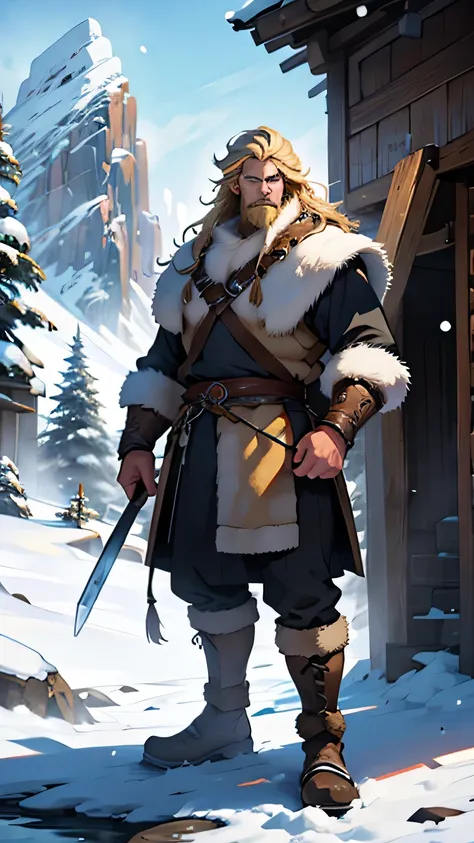 Viking man dressed in animal skins. His hair is long and blond. He is in the snowy mountains next to a big bear.