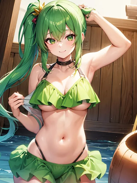 One girl, Best Quality, chest, smile, bikini, Green Hair, Green Eyes, Side Ponytail, 