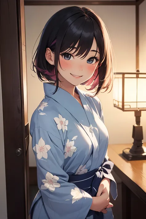 ((Best Quality)), ((masterpiece)), (detailed), ((a 2 Asian girl)), pretty, (Alone), black eyes, shiny pink hair, long hair, slightly-closed eyes, ((open light-blue yukata)), showing lace bra and panties, Japanese traditional inn, ((front view)), embarrasse...