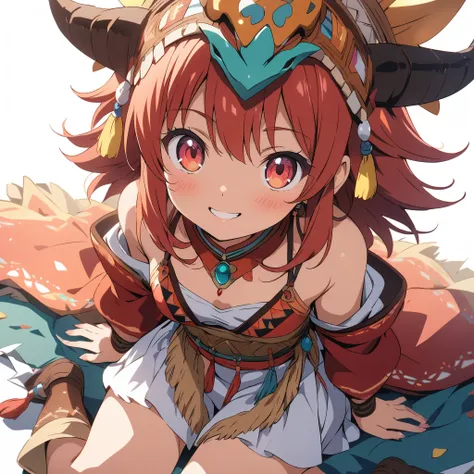 (masterpiece:1.2), (Best Quality:1.2), Ultra-high resolution, Very detailed, Perfect lighting, Dragon Tribe Girl, Redhead, National Costume, Otherworldly fantasy, cute, wariza, smile,Digital anime art,Anime style illustrations,Anime illustration, ((White b...