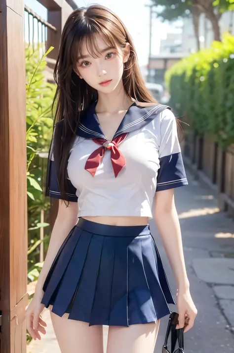 (Ultra HD), (Looking at me), (Short-sleeved sailor uniform, Navy blue mini skirt), Big Breasts, Super beautiful breasts, Slender, (Thin legs:1.2), (Thin thighs:1.2), (Thin Hips:1.4), (Beautiful Skin, Shiny skin, White skin), (Super slim face, Super beautif...