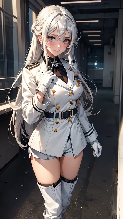 1girl,anime,long silver hair,heterochromia eyes,blushing,smiling,busty,white jacket,shirt,gloves,short pants,boots